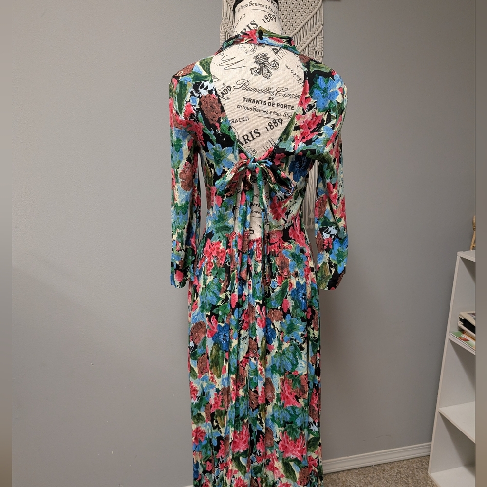 ZARA Floral Midi Dress Watercolor Small 3/4 Sleeve Bow Back Halter High Neck - Picture 4 of 5